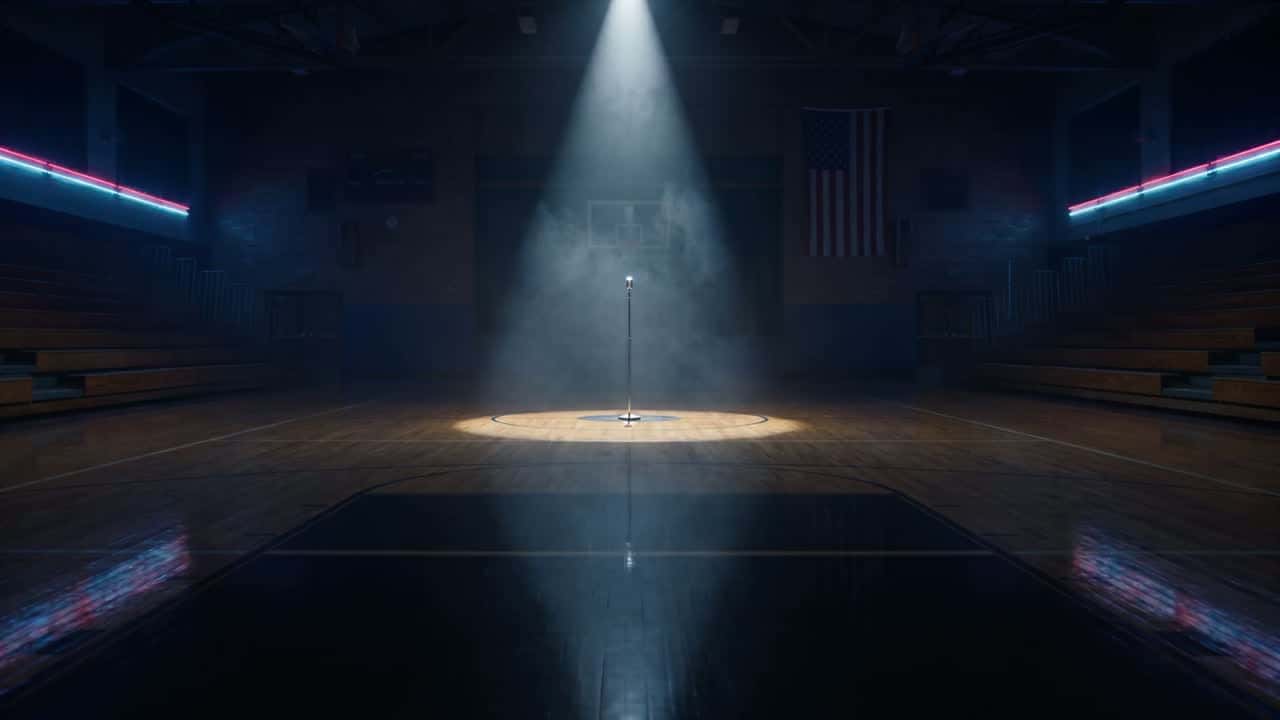 An empty school gym at night with one spotlight on a microphone at center court